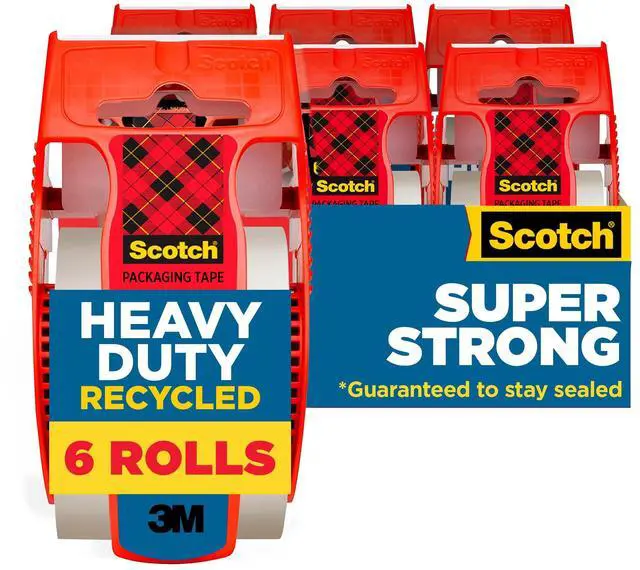 Main image of Heavy Duty Recycled Packaging Tape, Shipping and Packing Tape, 1.88 in x 800 in, 6 Rolls with Dispensers, Red