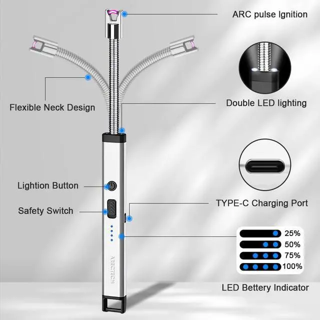 Alt view image 3 of 7 - Candle Electric Lighter Rechargeable USB Arc Lighter for Candle Camping Fireworks Christmas Birthday Gifts with LED Light for Men Women Silver