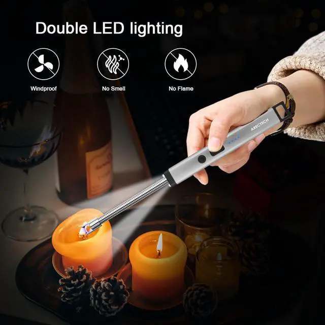Alt view image 2 of 7 - Candle Electric Lighter Rechargeable USB Arc Lighter for Candle Camping Fireworks Christmas Birthday Gifts with LED Light for Men Women Silver