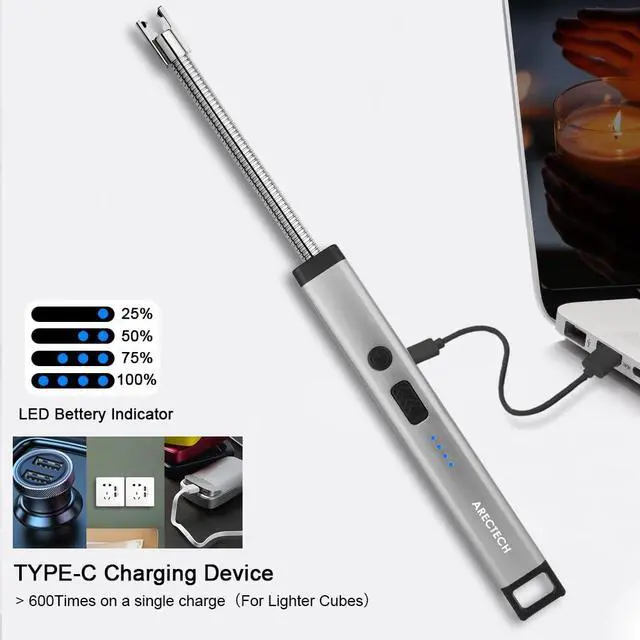 Alt view image 5 of 7 - Candle Electric Lighter Rechargeable USB Arc Lighter for Candle Camping Fireworks Christmas Birthday Gifts with LED Light for Men Women Silver