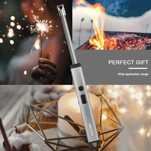 Alt view image 6 of 7 - Candle Electric Lighter Rechargeable USB Arc Lighter for Candle Camping Fireworks Christmas Birthday Gifts with LED Light for Men Women Silver