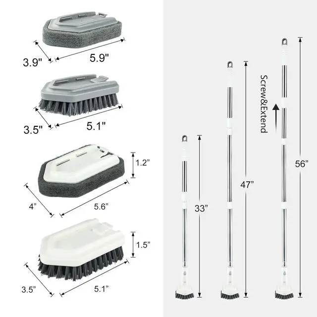Alt view image 2 of 6 - Shower Tile Tub Scrubber Brush with 4 Cleaning Heads,Floor Scrub Brush with 56''Long Handle, Shower Cleaner Brush & Grout Cleaner Brush Set for Shower,Tile, Tub, Bathroom,Kitchen,Walls,Sink