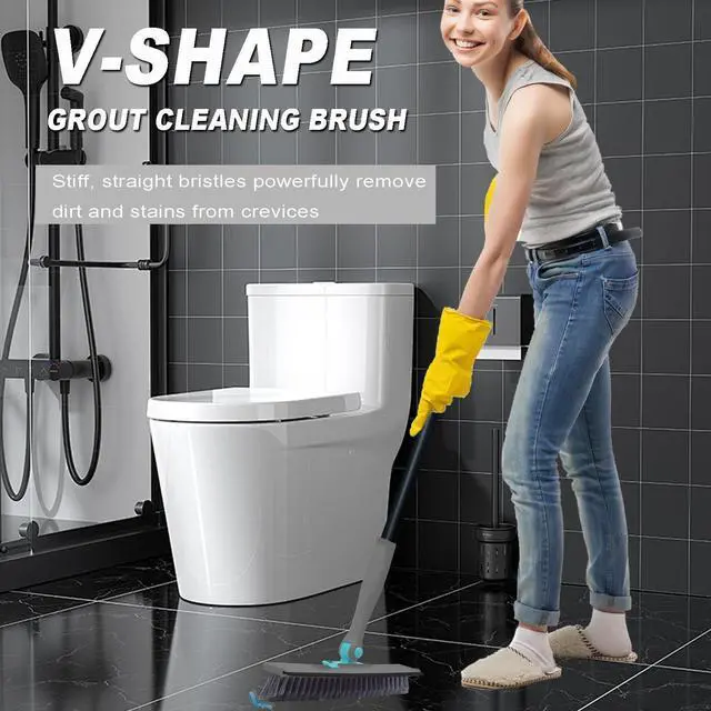 Alt view image 2 of 7 - Grout Brush with Long Handle V Shape Floor Scrub Brush Stiff Bristle Grout Scrubber for Cleaning Bathroom Garage Kitchen Wall Tub Tile (1, Grey)