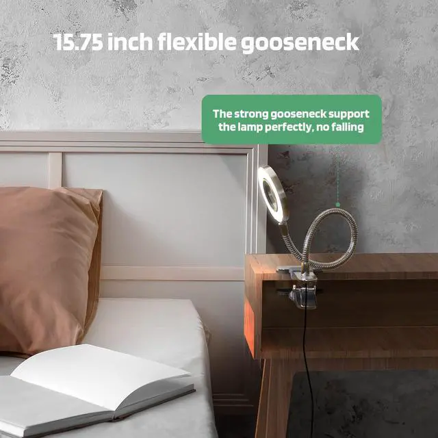 Alt view image 3 of 6 - LED Clip on Light, 36 LED Eye-Caring Reading Lamp for Dorm Room, 360° Flexible Gooseneck with 4 Color Modes, Dimmable Book Light for Bed, Desk, Headboard, Computer (Silver)