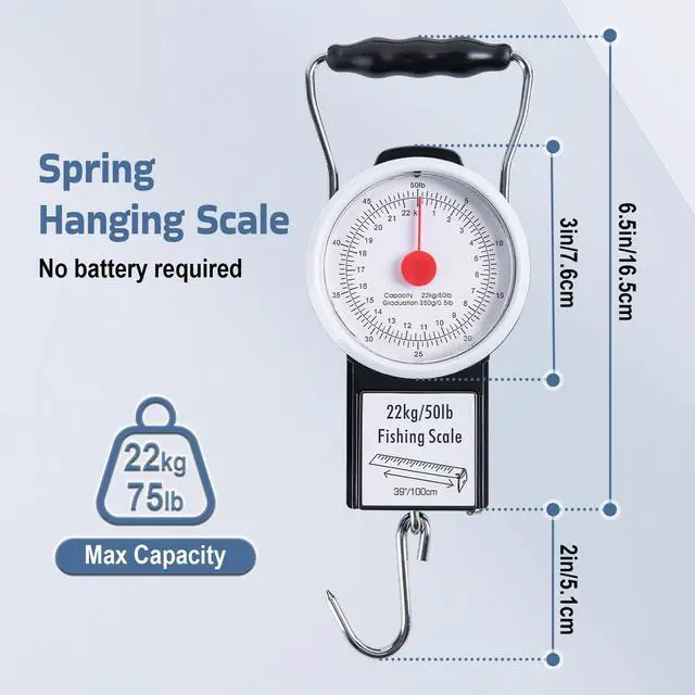 Alt view image 3 of 7 - Hanging Scale with 39" Built-in Tape Measure, 50lb/22kg Fishing Scale, Battery-Free Mechanical Spring Scale for Weighing & Measuring Fish, Waterproof Fishing Gear for Saltwater and Freshwater