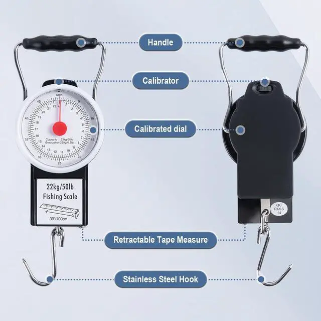 Alt view image 2 of 7 - Hanging Scale with 39" Built-in Tape Measure, 50lb/22kg Fishing Scale, Battery-Free Mechanical Spring Scale for Weighing & Measuring Fish, Waterproof Fishing Gear for Saltwater and Freshwater