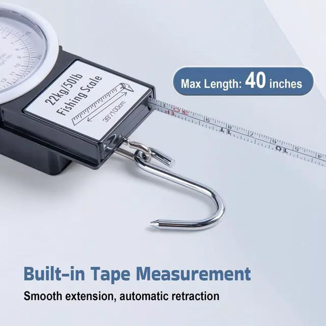 Alt view image 5 of 7 - Hanging Scale with 39" Built-in Tape Measure, 50lb/22kg Fishing Scale, Battery-Free Mechanical Spring Scale for Weighing & Measuring Fish, Waterproof Fishing Gear for Saltwater and Freshwater
