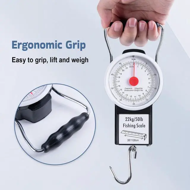 Alt view image 4 of 7 - Hanging Scale with 39" Built-in Tape Measure, 50lb/22kg Fishing Scale, Battery-Free Mechanical Spring Scale for Weighing & Measuring Fish, Waterproof Fishing Gear for Saltwater and Freshwater