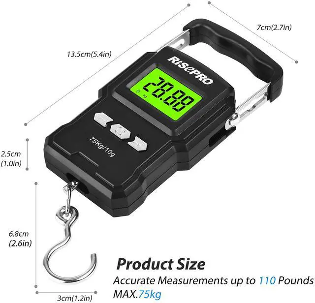 Alt view image 2 of 7 - 75Kg / 165Lb Digital Fish Scale with 39 Inch Ruler Electronic Luggage Balance Fishing Postal Hanging Hook Scale WHA08