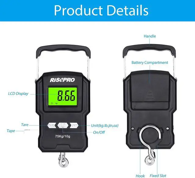 Alt view image 3 of 7 - 75Kg / 165Lb Digital Fish Scale with 39 Inch Ruler Electronic Luggage Balance Fishing Postal Hanging Hook Scale WHA08