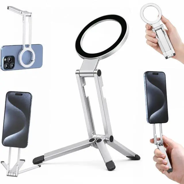 Main image of Phone Stand,360°Rotating Phone Tripod,Selfie Stick for iPhone,Phone Stand for Desk,Magnetic Phone Stand Foldable Cell Phone Stand Fits Gym, Travel Essentials Accessories(Silver Aluminum Alloy)