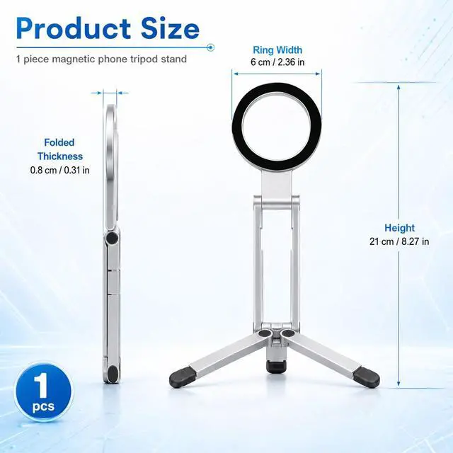 Alt view image 2 of 6 - Phone Stand,360°Rotating Phone Tripod,Selfie Stick for iPhone,Phone Stand for Desk,Magnetic Phone Stand Foldable Cell Phone Stand Fits Gym, Travel Essentials Accessories(Silver Aluminum Alloy)
