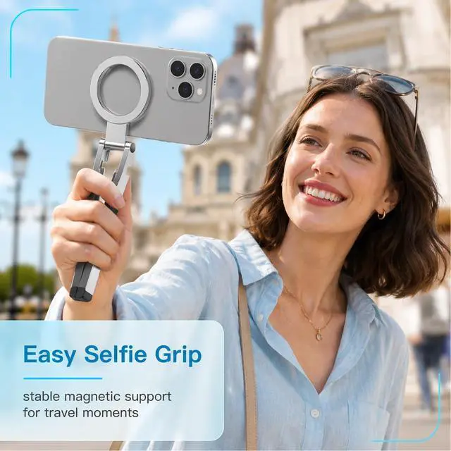 Alt view image 3 of 6 - Phone Stand,360°Rotating Phone Tripod,Selfie Stick for iPhone,Phone Stand for Desk,Magnetic Phone Stand Foldable Cell Phone Stand Fits Gym, Travel Essentials Accessories(Silver Aluminum Alloy)