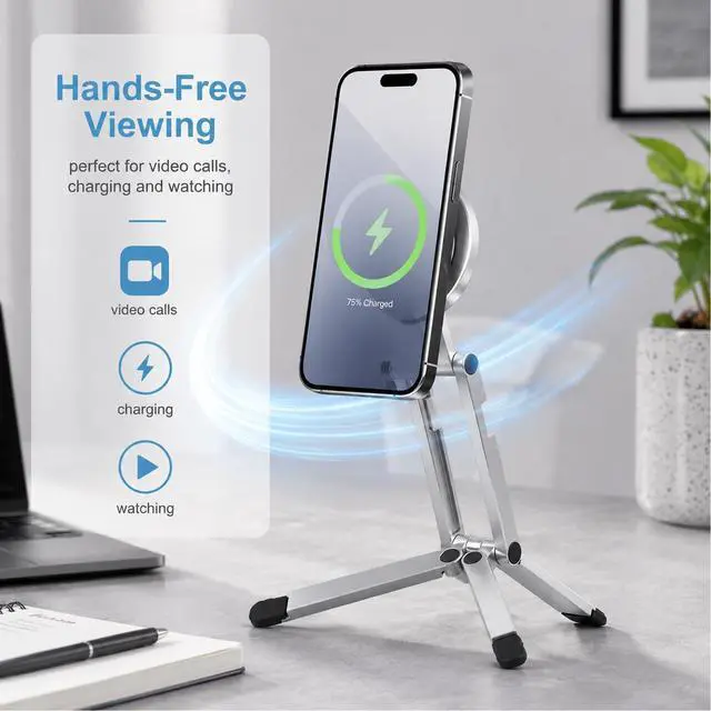 Alt view image 4 of 6 - Phone Stand,360°Rotating Phone Tripod,Selfie Stick for iPhone,Phone Stand for Desk,Magnetic Phone Stand Foldable Cell Phone Stand Fits Gym, Travel Essentials Accessories(Silver Aluminum Alloy)