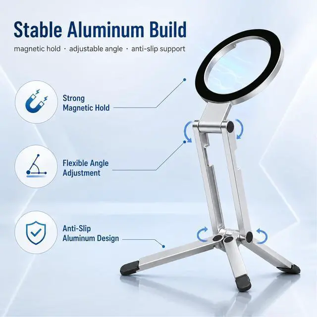 Alt view image 5 of 6 - Phone Stand,360°Rotating Phone Tripod,Selfie Stick for iPhone,Phone Stand for Desk,Magnetic Phone Stand Foldable Cell Phone Stand Fits Gym, Travel Essentials Accessories(Silver Aluminum Alloy)