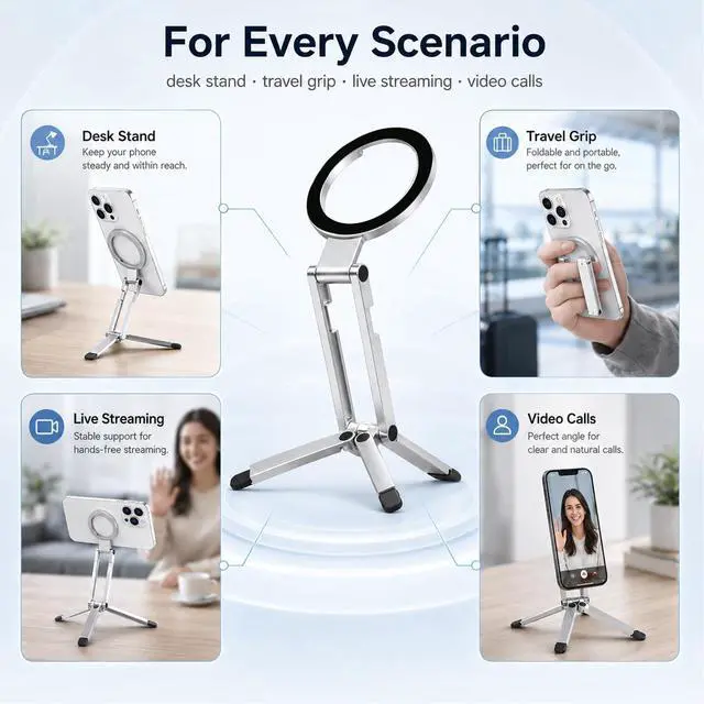 Alt view image 6 of 6 - Phone Stand,360°Rotating Phone Tripod,Selfie Stick for iPhone,Phone Stand for Desk,Magnetic Phone Stand Foldable Cell Phone Stand Fits Gym, Travel Essentials Accessories(Silver Aluminum Alloy)