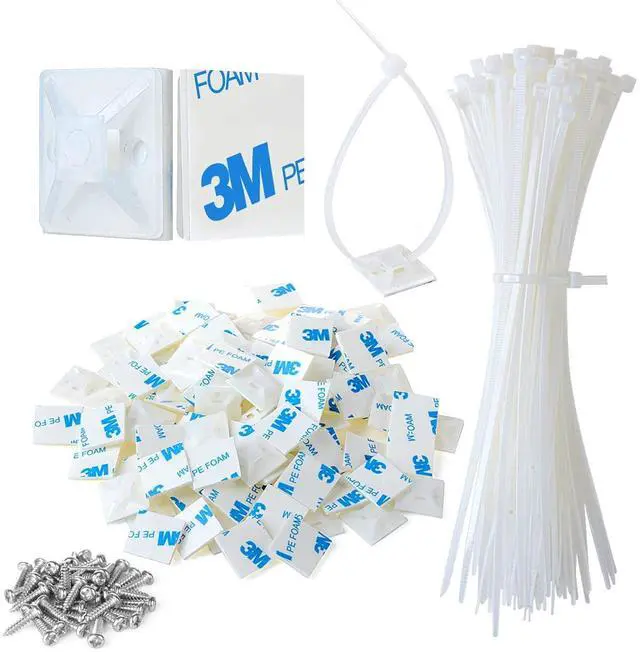 Main image of 3/4" Strong Back-Glue Self Adhesive White Cable Zip Tie Mounts 100pcs with 8" Ties, Screws, Outdoor Sticky Wire Fasteners Cable Clips Management Anchors Organizer Holders Squares