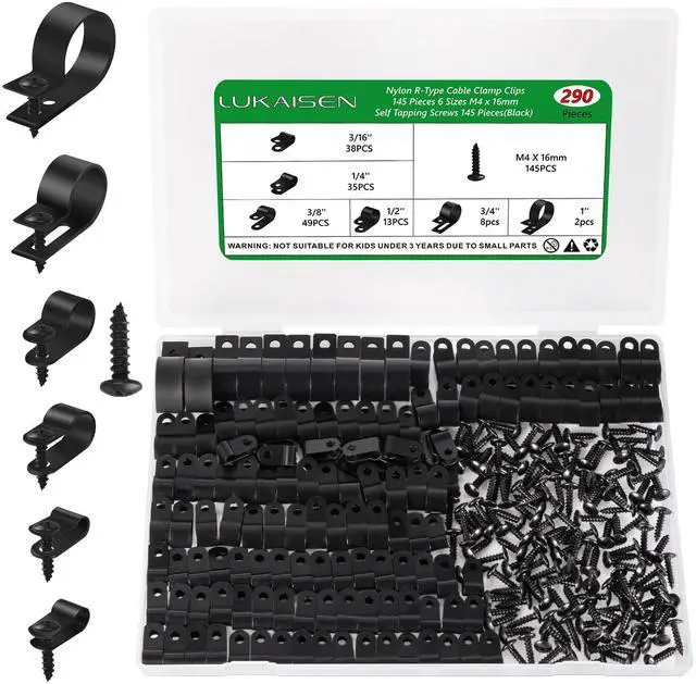 Main image of Cable Clips for Cable Management Cord Organizer, 6 Sizes 290 PCS Nylon R-Type, 3/16'' 1/4'' 3/8'' 1/2'' 3/4'' 1'' Black Plastic Screw Mounting Cord Fastener Clamp Assortment Kit with M4 Screws