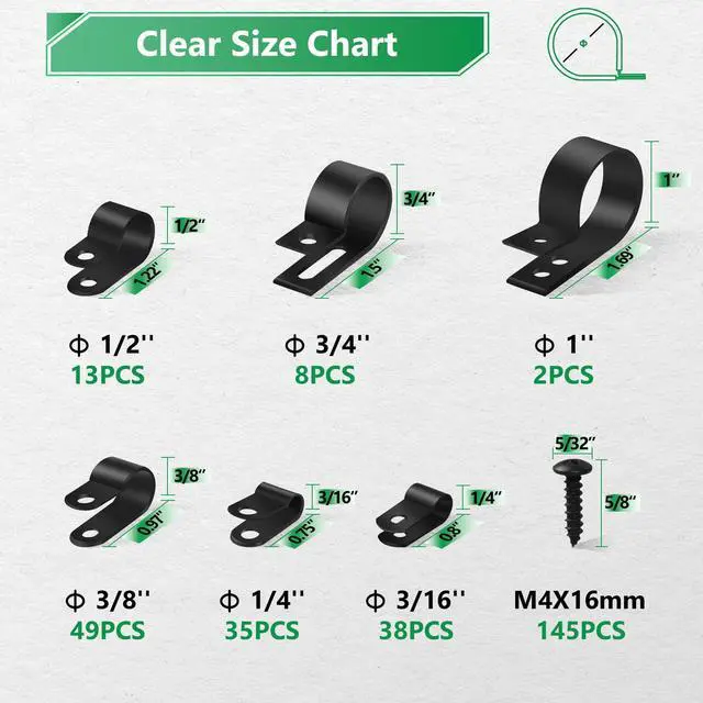 Alt view image 3 of 7 - Cable Clips for Cable Management Cord Organizer, 6 Sizes 290 PCS Nylon R-Type, 3/16'' 1/4'' 3/8'' 1/2'' 3/4'' 1'' Black Plastic Screw Mounting Cord Fastener Clamp Assortment Kit with M4 Screws