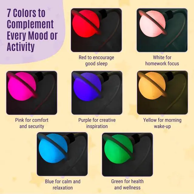 Alt view image 2 of 7 - Saturn Clip On Lamp Nightlight for Kids Room - Dimmable Clip On LED Light with Detachable Head - Newborn Night Light for Boys & Girls - Breastfeeding Night Light with 7 Colors & 6 Brightness Levels