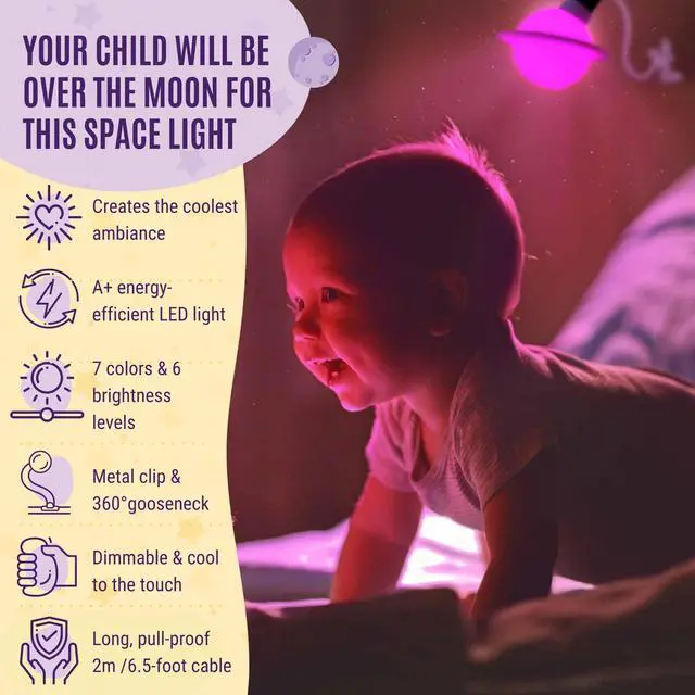 Alt view image 4 of 7 - Saturn Clip On Lamp Nightlight for Kids Room - Dimmable Clip On LED Light with Detachable Head - Newborn Night Light for Boys & Girls - Breastfeeding Night Light with 7 Colors & 6 Brightness Levels