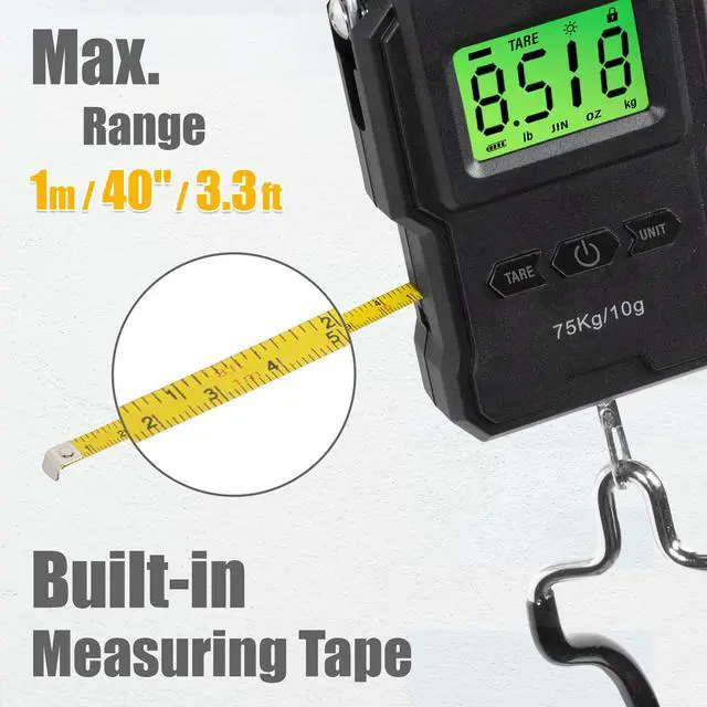 Alt view image 3 of 6 - Backlit LCD Display Digital Bike Scale - Electronic Balance with Double Hanging Hook Measures in kg, lbs, jin, oz - More Stable & Accurate - Max. Load Capacity 165lbs with Measuring Tape