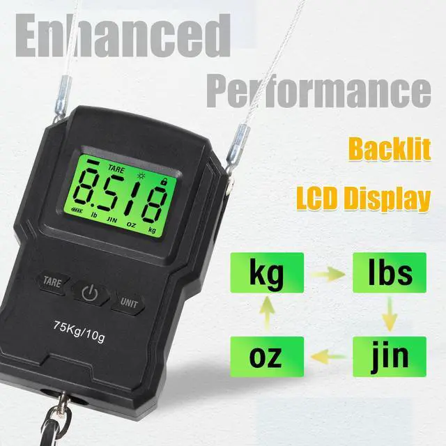 Alt view image 4 of 6 - Backlit LCD Display Digital Bike Scale - Electronic Balance with Double Hanging Hook Measures in kg, lbs, jin, oz - More Stable & Accurate - Max. Load Capacity 165lbs with Measuring Tape