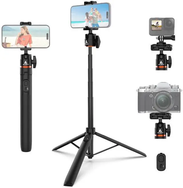 Main image of 60" Extendable Travel Tripod & Selfie Stick with Cold Shoe & Wireless Remote, 360° Ball Head for Vlogging - Lightweight Phone Tripod for iPhone