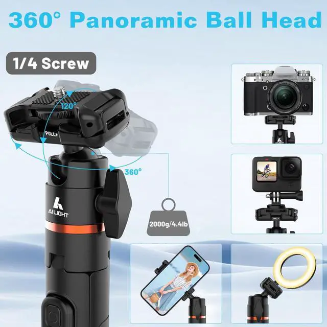 Alt view image 2 of 7 - 60" Extendable Travel Tripod & Selfie Stick with Cold Shoe & Wireless Remote, 360° Ball Head for Vlogging - Lightweight Phone Tripod for iPhone