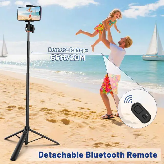 Alt view image 5 of 7 - 60" Extendable Travel Tripod & Selfie Stick with Cold Shoe & Wireless Remote, 360° Ball Head for Vlogging - Lightweight Phone Tripod for iPhone