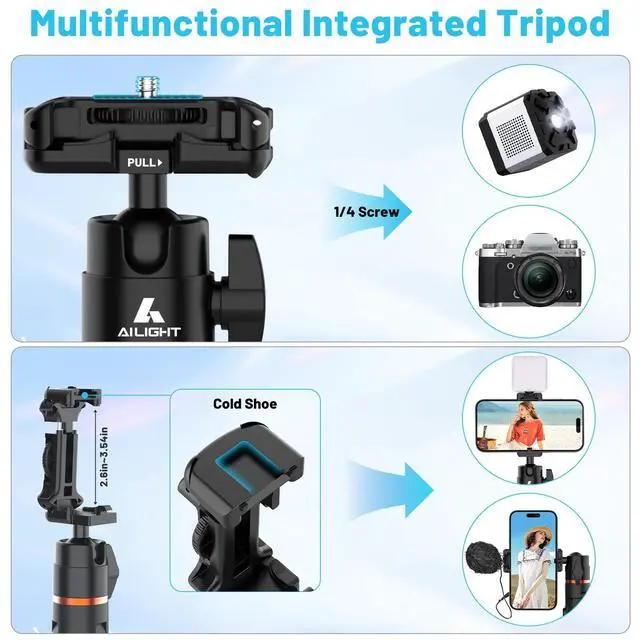 Alt view image 4 of 7 - 60" Extendable Travel Tripod & Selfie Stick with Cold Shoe & Wireless Remote, 360° Ball Head for Vlogging - Lightweight Phone Tripod for iPhone