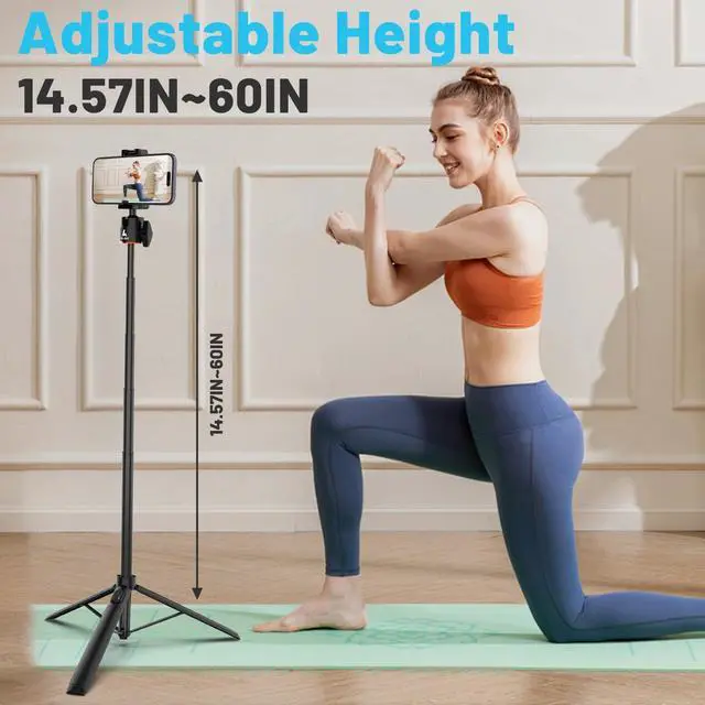 Alt view image 6 of 7 - 60" Extendable Travel Tripod & Selfie Stick with Cold Shoe & Wireless Remote, 360° Ball Head for Vlogging - Lightweight Phone Tripod for iPhone