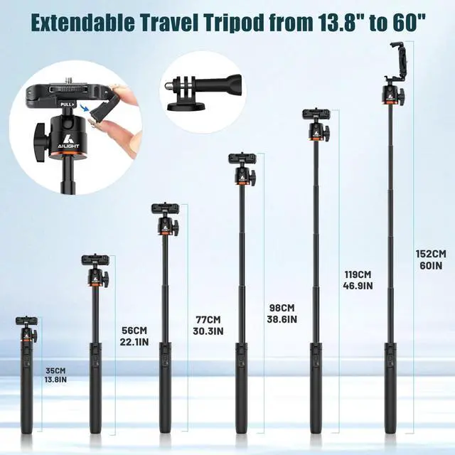Alt view image 7 of 7 - 60" Extendable Travel Tripod & Selfie Stick with Cold Shoe & Wireless Remote, 360° Ball Head for Vlogging - Lightweight Phone Tripod for iPhone