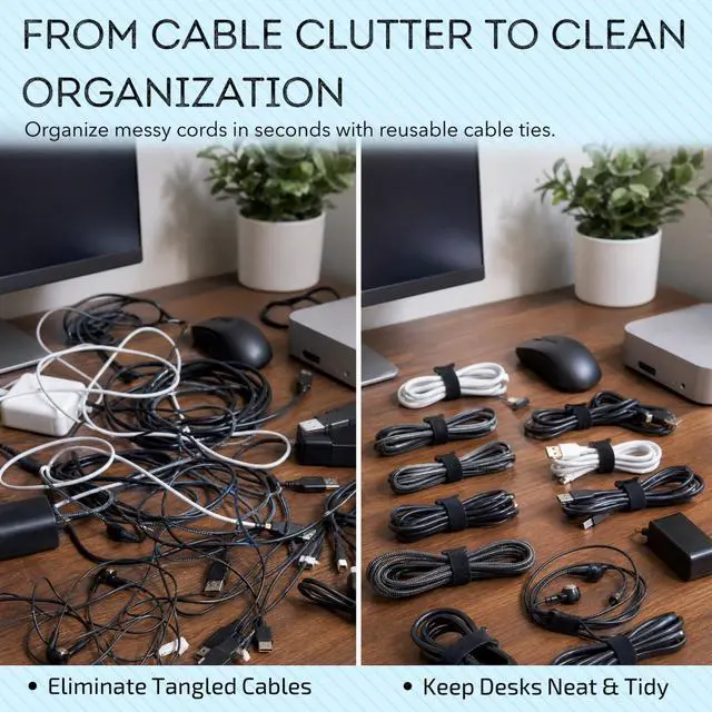 Alt view image 3 of 7 - 60PCS Reusable Cable Ties, 6 Inch Black Hook and Loop Management Straps, Adjustable Cord Wrap Wire Organizer for Home Office TV Computer Cables