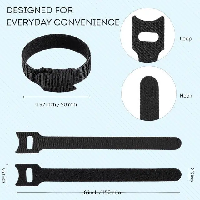 Alt view image 7 of 7 - 60PCS Reusable Cable Ties, 6 Inch Black Hook and Loop Management Straps, Adjustable Cord Wrap Wire Organizer for Home Office TV Computer Cables