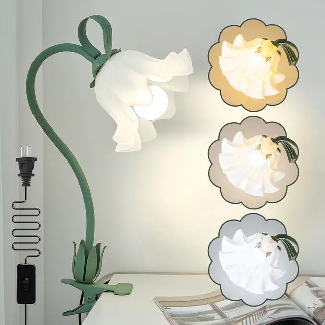 Main image of Clip on Light Flower Desk Lamp, LED Reading Light 3 Color Modes Eye-Caring Book Light Flexible Gooseneck Bedside Clip on Lamp for Desk Piano Office Bed Headboard Dorm (Green Lamp)