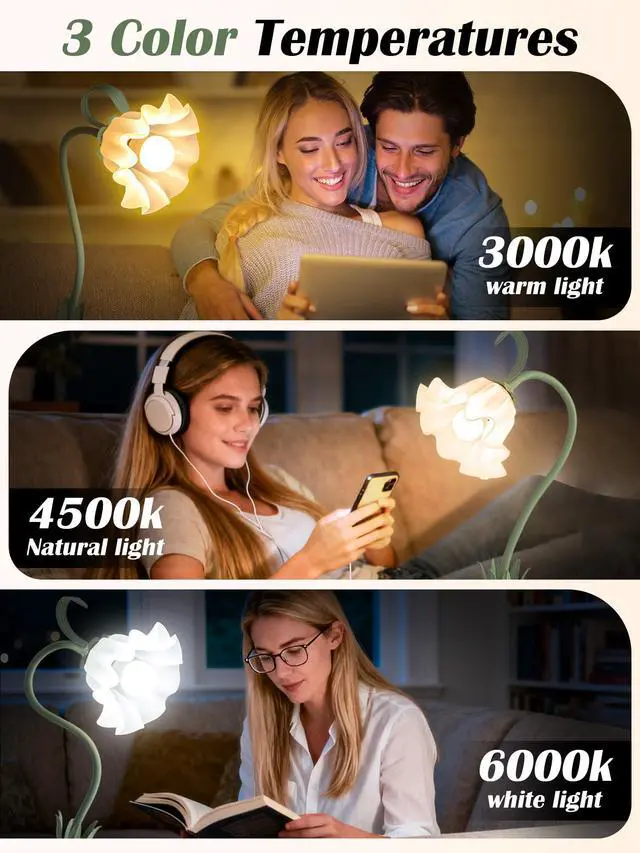 Alt view image 2 of 7 - Clip on Light Flower Desk Lamp, LED Reading Light 3 Color Modes Eye-Caring Book Light Flexible Gooseneck Bedside Clip on Lamp for Desk Piano Office Bed Headboard Dorm (Green Lamp)