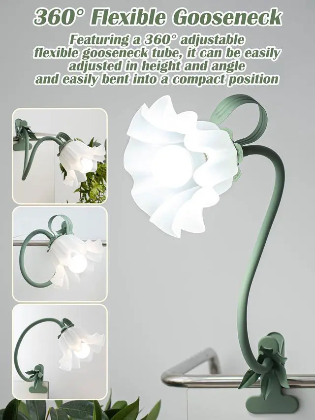 Alt view image 3 of 7 - Clip on Light Flower Desk Lamp, LED Reading Light 3 Color Modes Eye-Caring Book Light Flexible Gooseneck Bedside Clip on Lamp for Desk Piano Office Bed Headboard Dorm (Green Lamp)