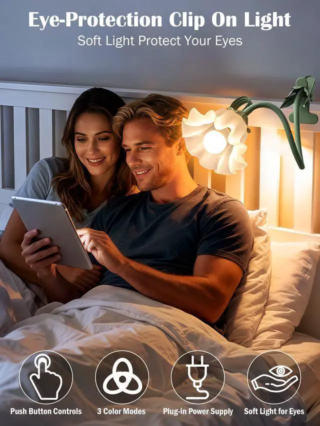 Alt view image 5 of 7 - Clip on Light Flower Desk Lamp, LED Reading Light 3 Color Modes Eye-Caring Book Light Flexible Gooseneck Bedside Clip on Lamp for Desk Piano Office Bed Headboard Dorm (Green Lamp)
