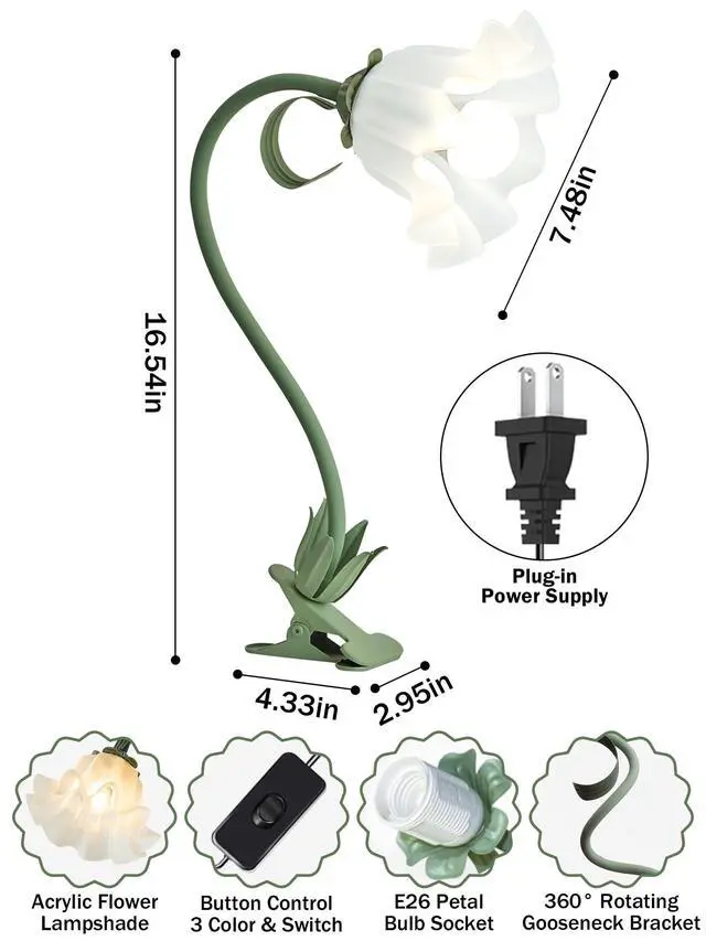 Alt view image 6 of 7 - Clip on Light Flower Desk Lamp, LED Reading Light 3 Color Modes Eye-Caring Book Light Flexible Gooseneck Bedside Clip on Lamp for Desk Piano Office Bed Headboard Dorm (Green Lamp)
