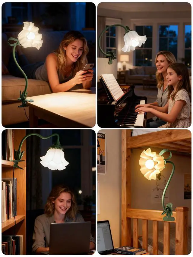 Alt view image 7 of 7 - Clip on Light Flower Desk Lamp, LED Reading Light 3 Color Modes Eye-Caring Book Light Flexible Gooseneck Bedside Clip on Lamp for Desk Piano Office Bed Headboard Dorm (Green Lamp)