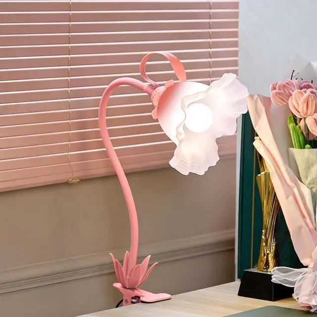 Main image of Flower Clip On Desk Lamp for Home and Dorm - Cute Floral Clip On Bedside Book Reading Light, Pink Flower Bunk Bed Lighting, Kawaii Led Flexible Gooseneck Table Lamp for Headboard with Clamp