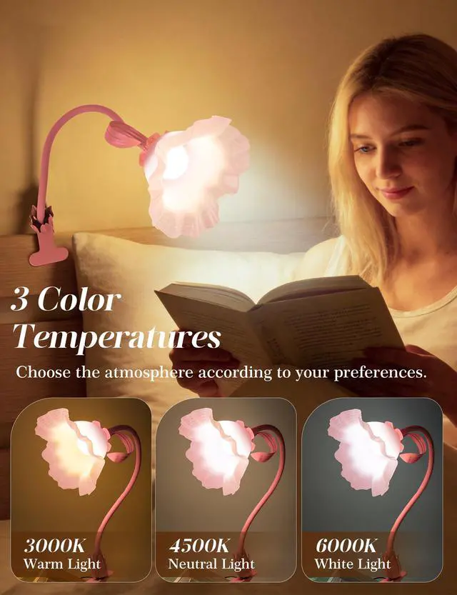 Alt view image 2 of 7 - Flower Clip On Desk Lamp for Home and Dorm - Cute Floral Clip On Bedside Book Reading Light, Pink Flower Bunk Bed Lighting, Kawaii Led Flexible Gooseneck Table Lamp for Headboard with Clamp
