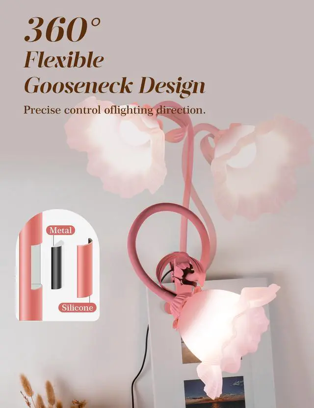 Alt view image 4 of 7 - Flower Clip On Desk Lamp for Home and Dorm - Cute Floral Clip On Bedside Book Reading Light, Pink Flower Bunk Bed Lighting, Kawaii Led Flexible Gooseneck Table Lamp for Headboard with Clamp