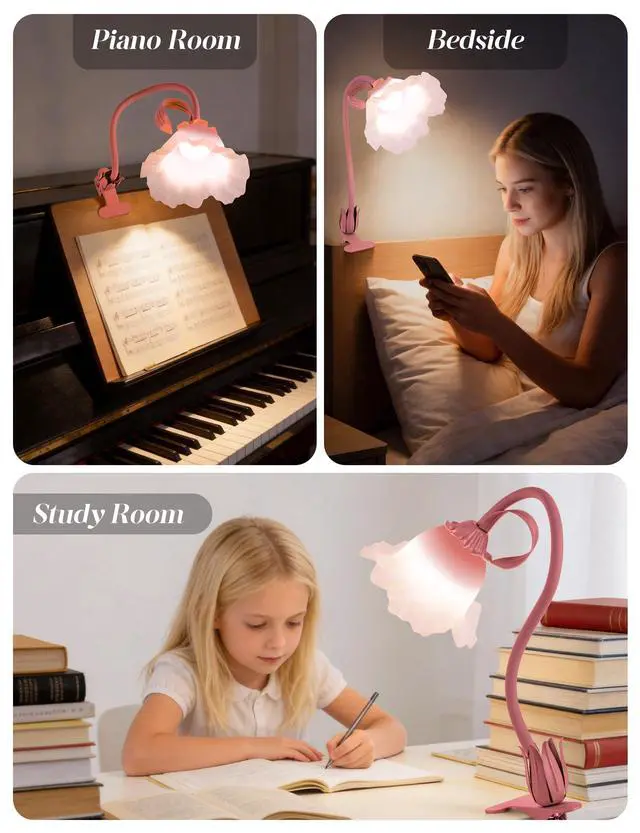 Alt view image 6 of 7 - Flower Clip On Desk Lamp for Home and Dorm - Cute Floral Clip On Bedside Book Reading Light, Pink Flower Bunk Bed Lighting, Kawaii Led Flexible Gooseneck Table Lamp for Headboard with Clamp
