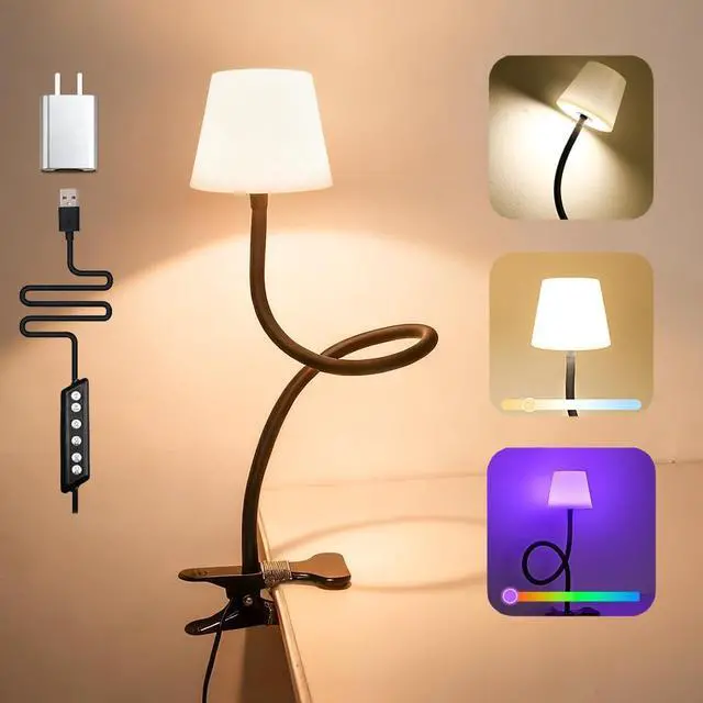 Main image of Clip On Light and Bed Reading Light, Clip on for Desk, Bedside Lamps for Dorm, College Dorm Room Essentials, Night Light for Kids Nursery, Multicolor LEDs, Adapter Included
