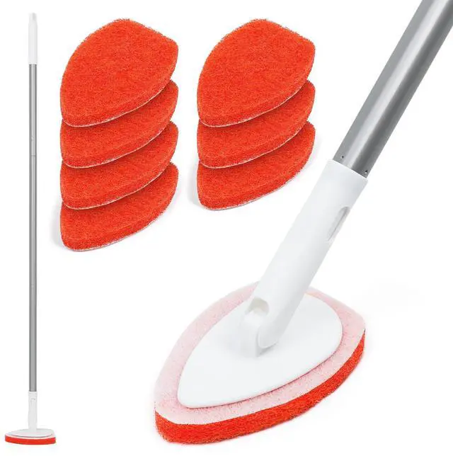 Main image of Bathtub Scrubber with Long Handle - Shower Scrub Brush with 8 Replacement Scouring Pads, Bathroom Cleaning Brush for Tub, Tile, Floor