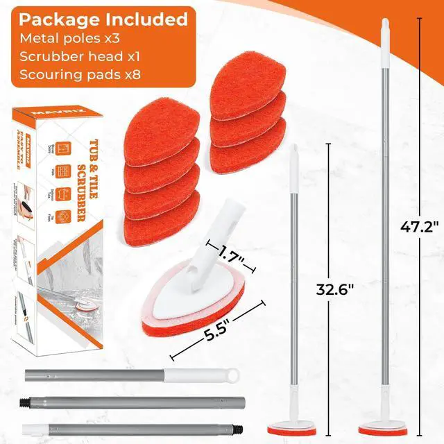 Alt view image 2 of 7 - Bathtub Scrubber with Long Handle - Shower Scrub Brush with 8 Replacement Scouring Pads, Bathroom Cleaning Brush for Tub, Tile, Floor