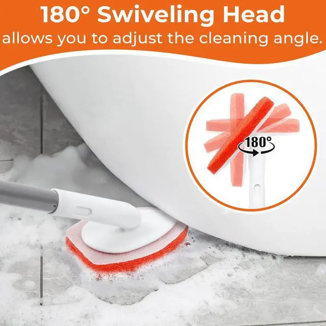 Alt view image 4 of 7 - Bathtub Scrubber with Long Handle - Shower Scrub Brush with 8 Replacement Scouring Pads, Bathroom Cleaning Brush for Tub, Tile, Floor