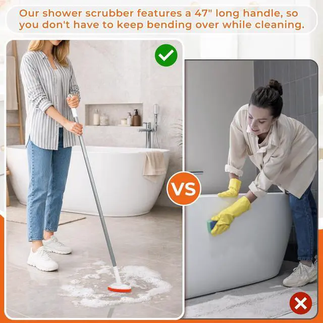 Alt view image 6 of 7 - Bathtub Scrubber with Long Handle - Shower Scrub Brush with 8 Replacement Scouring Pads, Bathroom Cleaning Brush for Tub, Tile, Floor